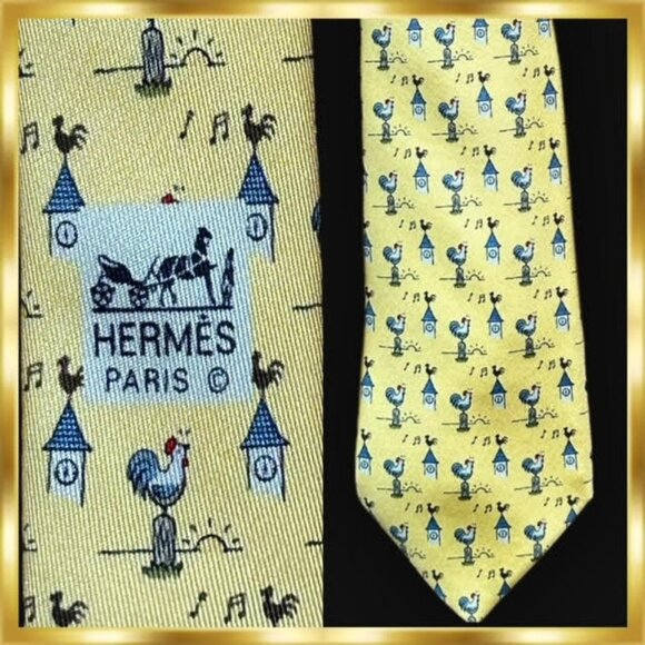 Hermes Mens Silk Necktie Bright Yellow Rooster 6 o' Clock Sunrise Print … - Picture 1 of 9